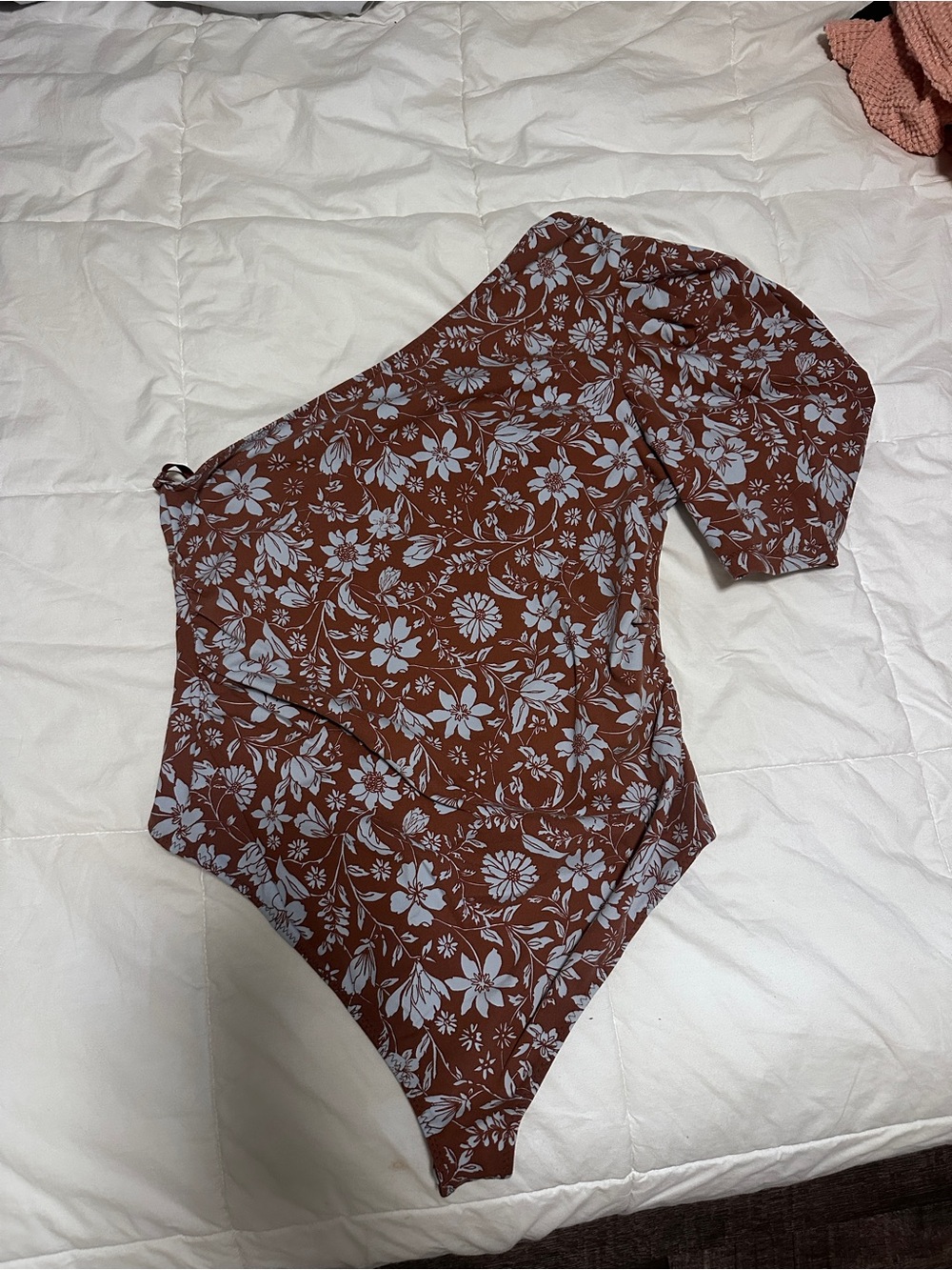 Free People One-Shoulder Floral Bodysuit in Brown and blue Floral